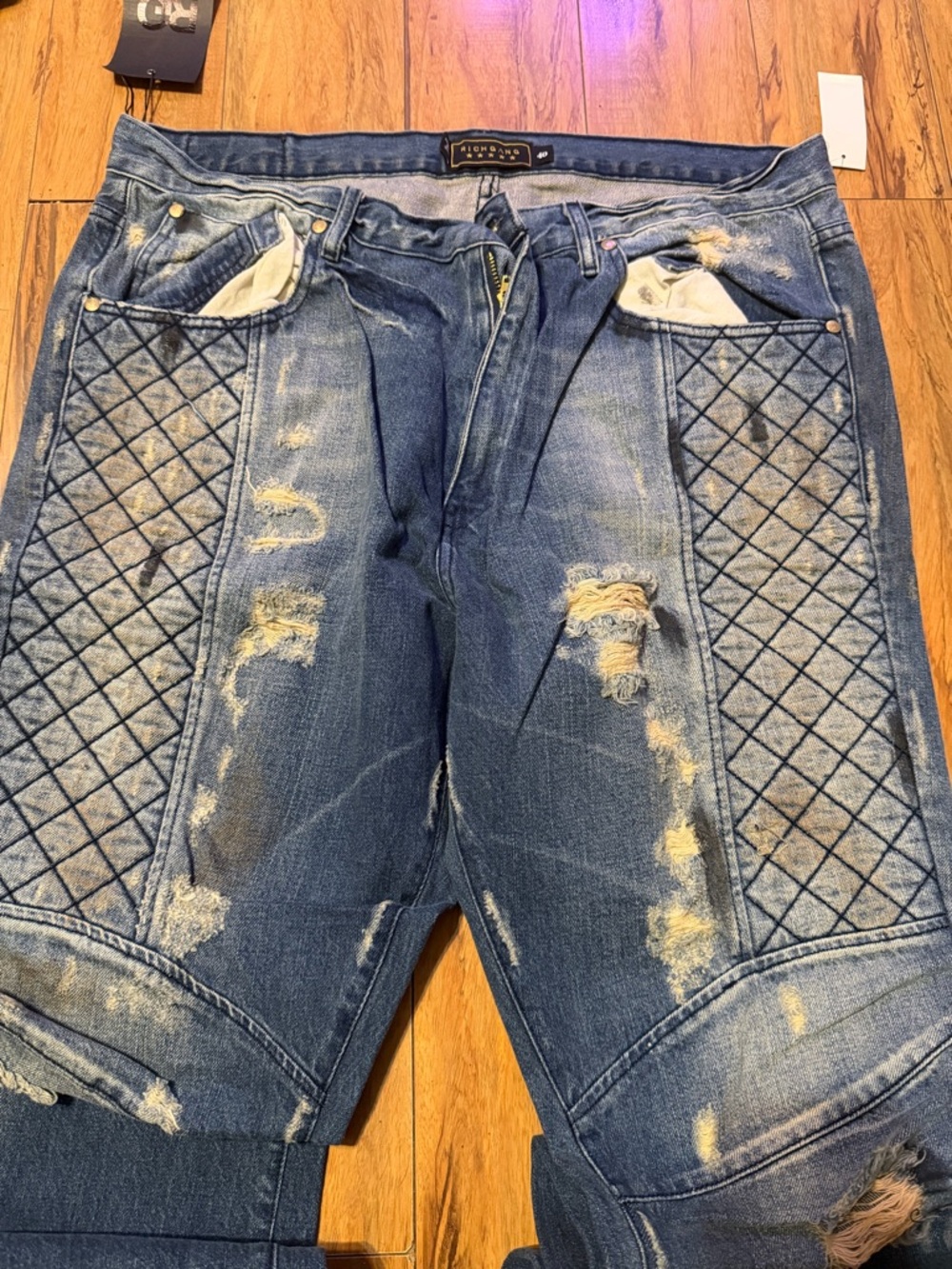 Men's Quilted Panel Distressed Denim Shorts - Blue